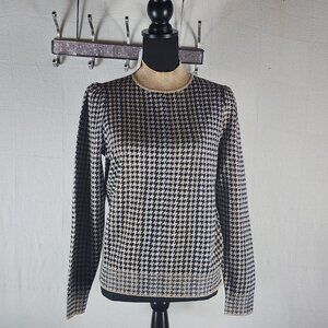 Ann Taylor Black Tan Metallic Houndstooth Mock Neck Cotton Poly Modal Sweater M